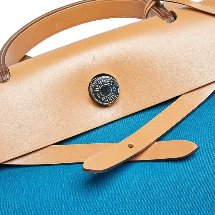 Pre Owned Hermes Bleu Izmir/Natural Canvas And Leather Herbag Zip 31 Bag