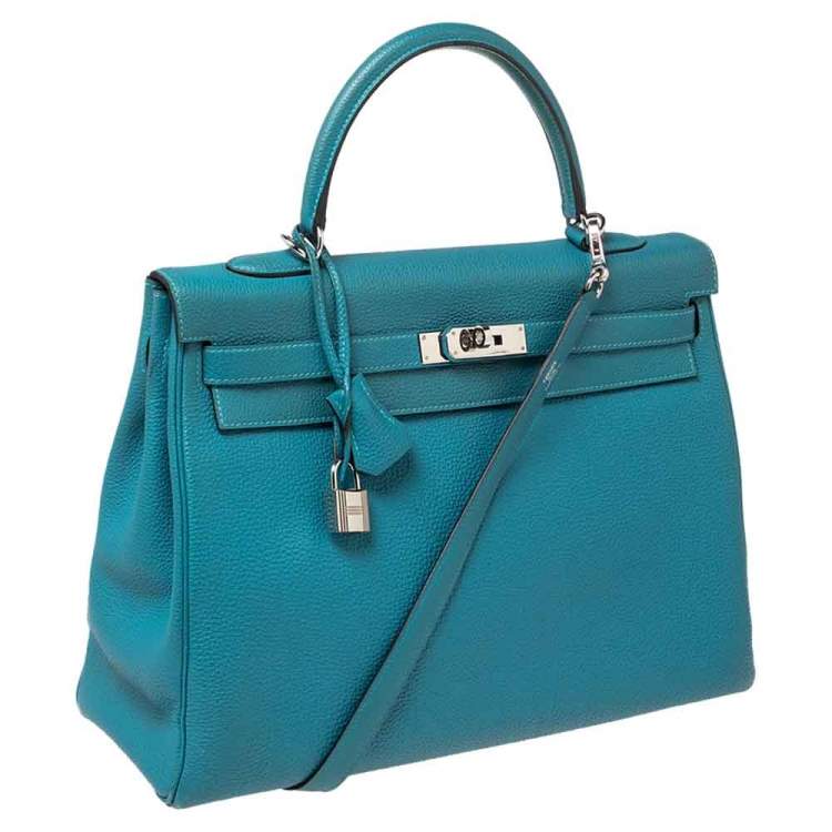 Pre Owned Hermes Bleu Jean Togo Leather Palladium Finish Kelly Retourne 35 Bag