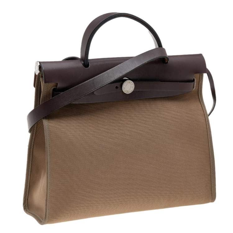 Pre Owned Hermes Etoupe/Ebene Canvas and Leather Herbag Zip 31 Bag