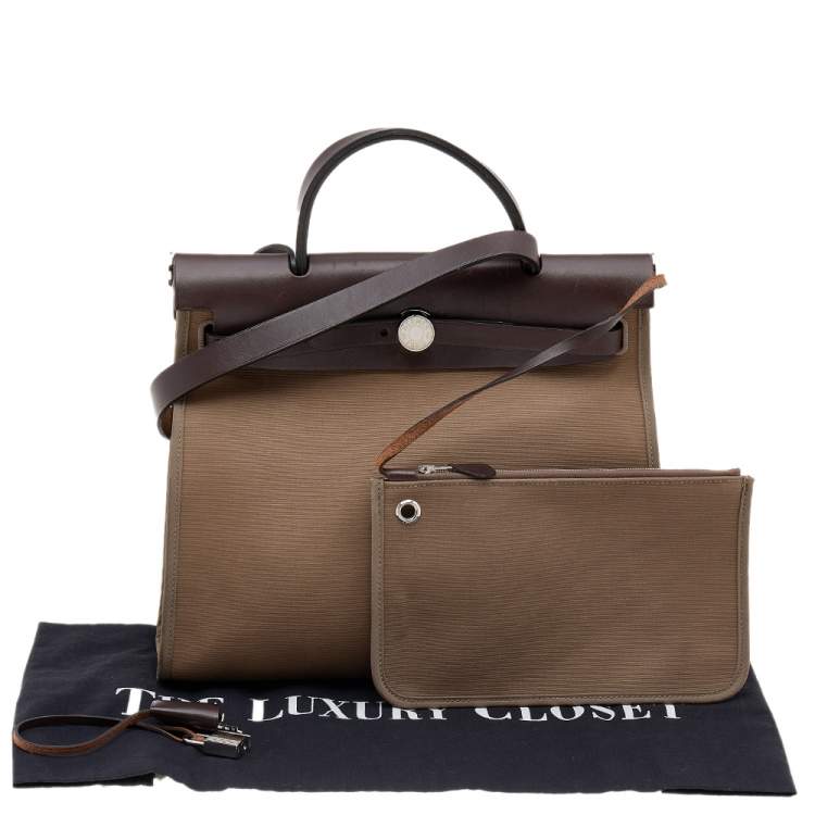 Pre Owned Hermes Etoupe/Ebene Canvas and Leather Herbag Zip 31 Bag