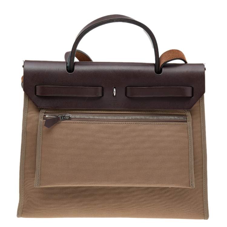 Pre Owned Hermes Etoupe/Ebene Canvas and Leather Herbag Zip 31 Bag