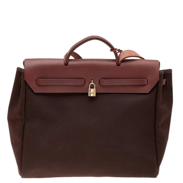 Pre Owned Hermes Cacao Canvas and Leather Herbag 2-in-1 MM Bag