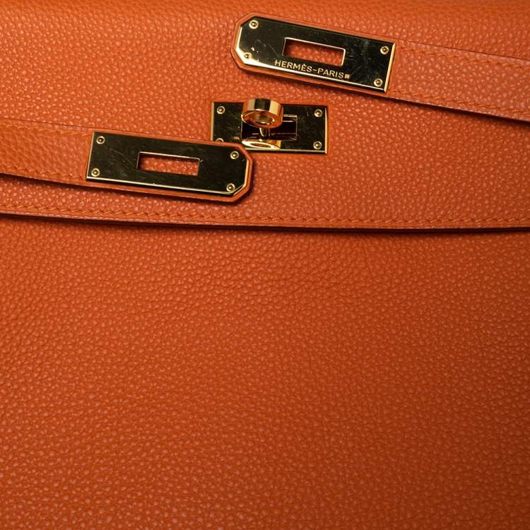 Pre Owned Hermes Orange Togo Leather Gold Plated Kelly Retourne 35 Bag