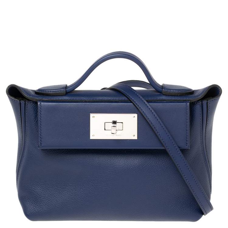Pre Owned Hermes Bleu Encre Evercolor and Swift Leather Palladium Hardware 24/24 21 Bag