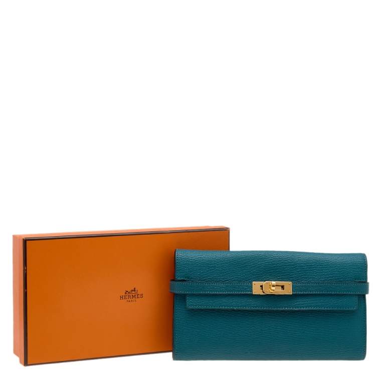 Pre Owned Hermes Vert Bosphore Chevre Mysore Leather Kelly Classic Wallet