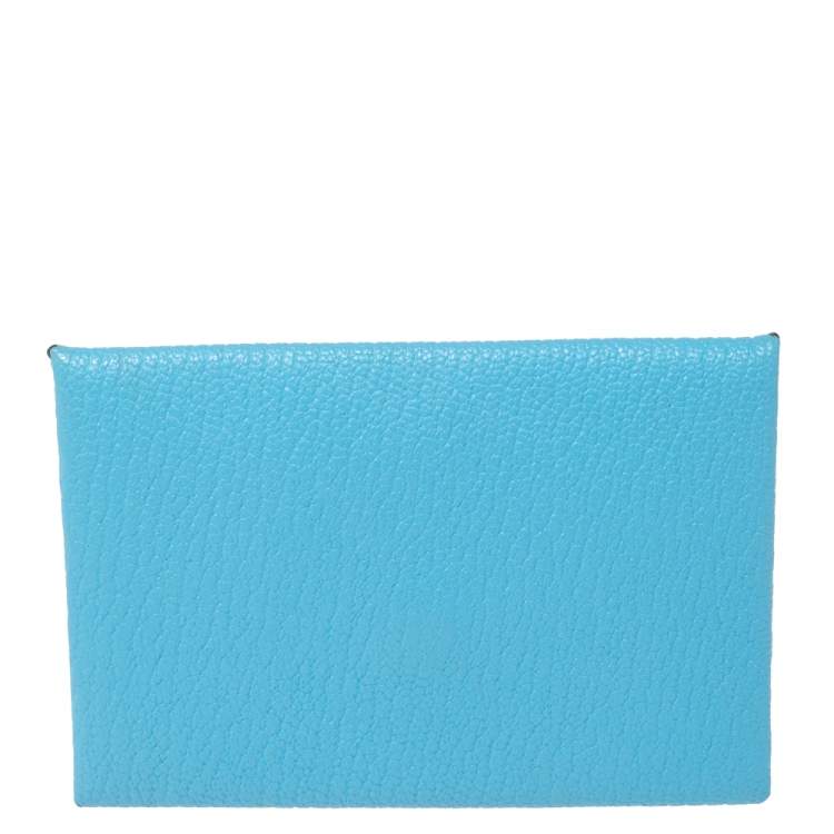 Pre Owned Hermes Celeste/Kraft Chevre Mysore Leather Calvi Verso Card Holder