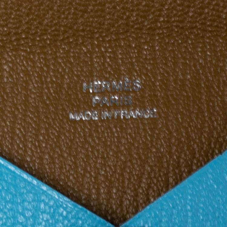 Pre Owned Hermes Celeste/Kraft Chevre Mysore Leather Calvi Verso Card Holder