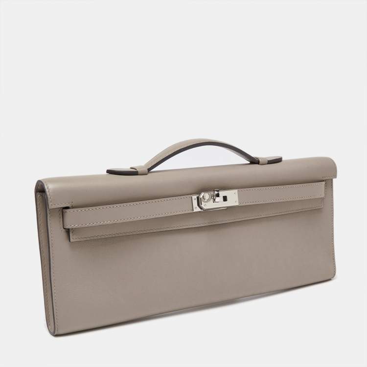 Pre Owned Hermes Gris Asphalt Swift Leather Kelly Cut Clutch