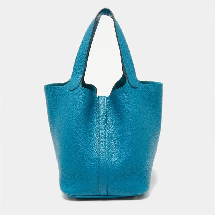 Pre Owned Hermes Bleu Izmir Clemence Leather Picotin Lock 22 Bag