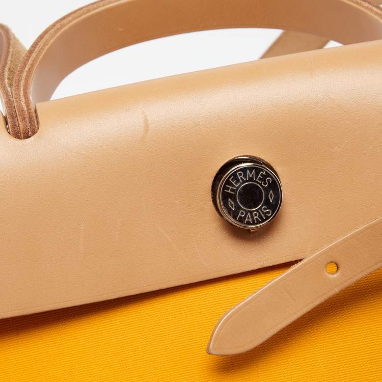 Pre Owned Hermes Jaune D'or/Natural Canvas and Leather Herbag Zip 31 Bag