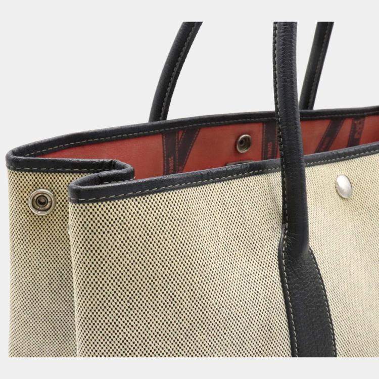 Pre Owned Hermes Garden Party PM Bolduk Pattern Tote Bag Handbag Toile Ash Leather Gray Black