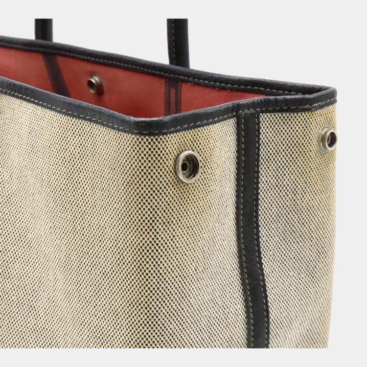 Pre Owned Hermes Garden Party PM Bolduk Pattern Tote Bag Handbag Toile Ash Leather Gray Black