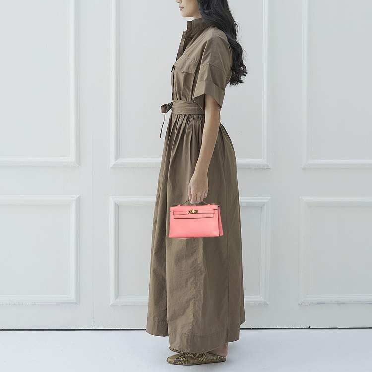 Pre Owned Hermes Rose Lipstick Swift Leather Gold Hardware Kelly Pochette