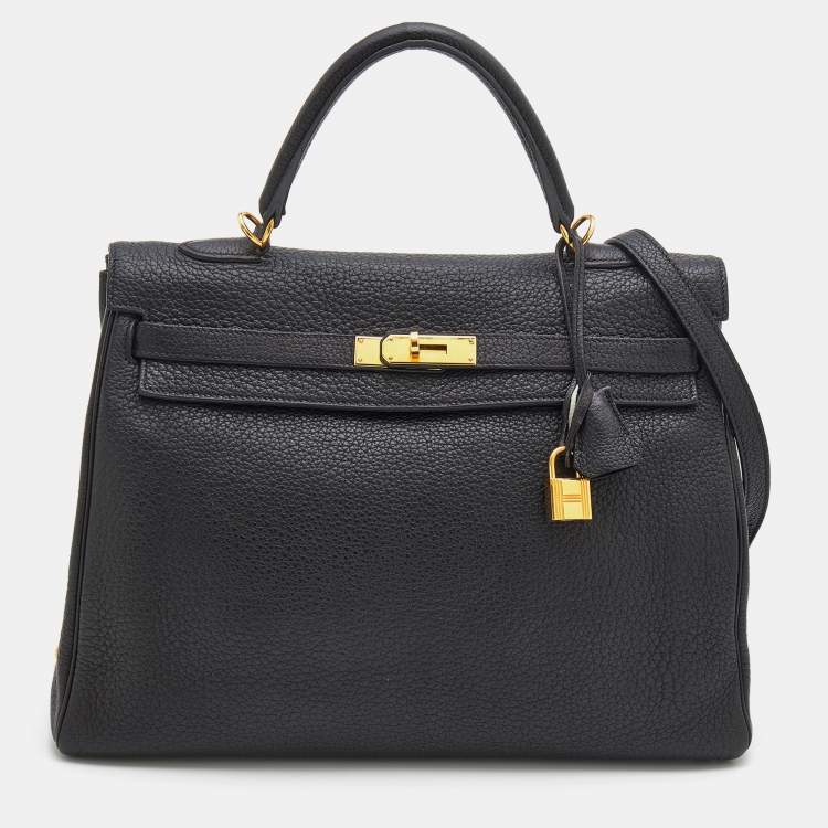 Pre Owned Hermes Black Fjord Leather Gold Finished Kelly Retourne 35 Bag