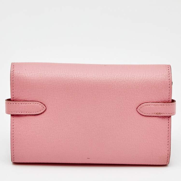 Pre Owned Hermes Rose Confetti Chevre Mysore Leather Kelly Depliant Medium Wallet