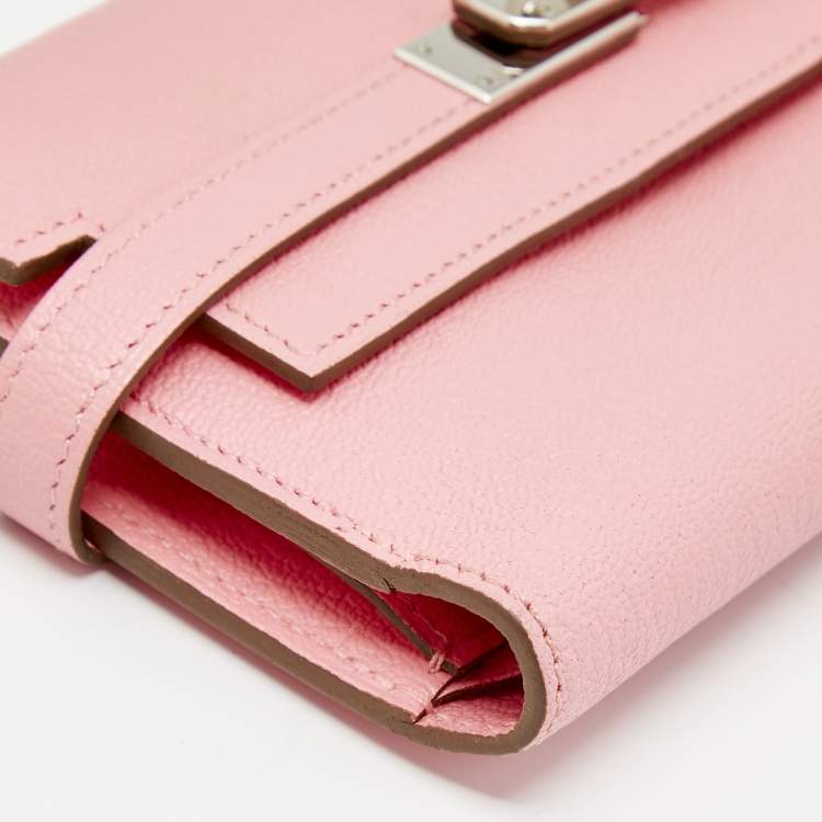 Pre Owned Hermes Rose Confetti Chevre Mysore Leather Kelly Depliant Medium Wallet