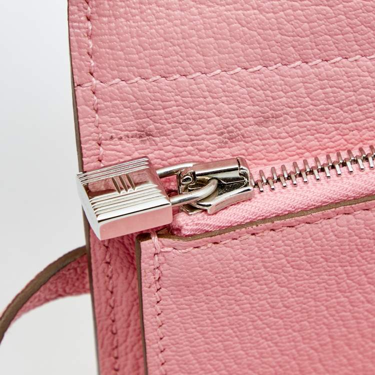 Pre Owned Hermes Rose Confetti Chevre Mysore Leather Kelly Depliant Medium Wallet