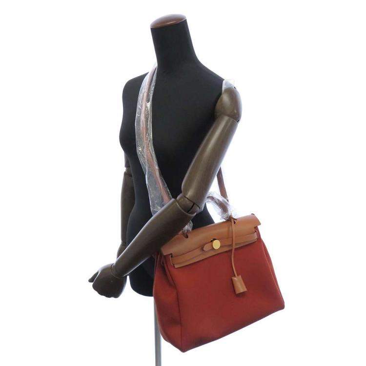 Pre Owned Hermes Orange Toile Officier Vache Hunter Leather Herbag Zip PM Tote Bag 
