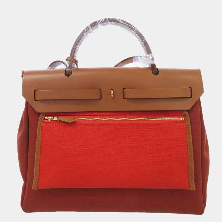 Pre Owned Hermes Orange Toile Officier Vache Hunter Leather Herbag Zip PM Tote Bag 