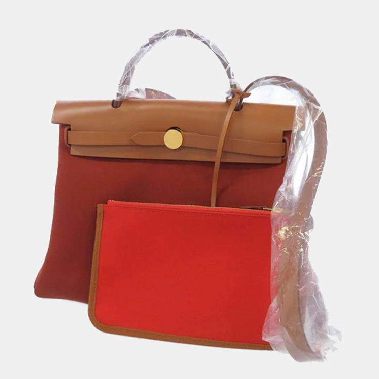 Pre Owned Hermes Orange Toile Officier Vache Hunter Leather Herbag Zip PM Tote Bag 