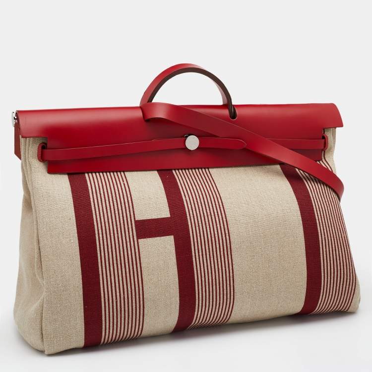 Pre Owned Hermes Beige/Red H Vibration Canvas and Leather Herbag Zip 50 Bag