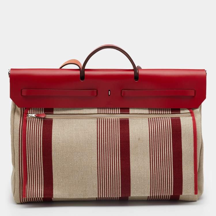 Pre Owned Hermes Beige/Red H Vibration Canvas and Leather Herbag Zip 50 Bag