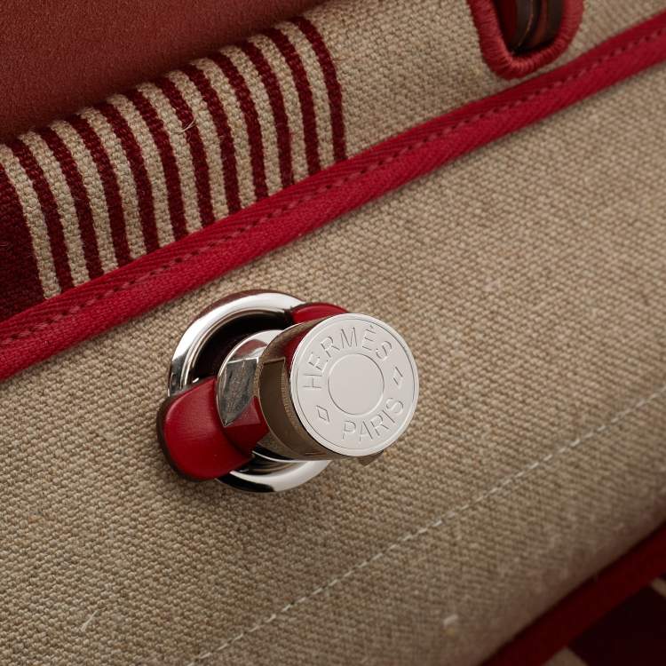 Pre Owned Hermes Beige/Red H Vibration Canvas and Leather Herbag Zip 50 Bag