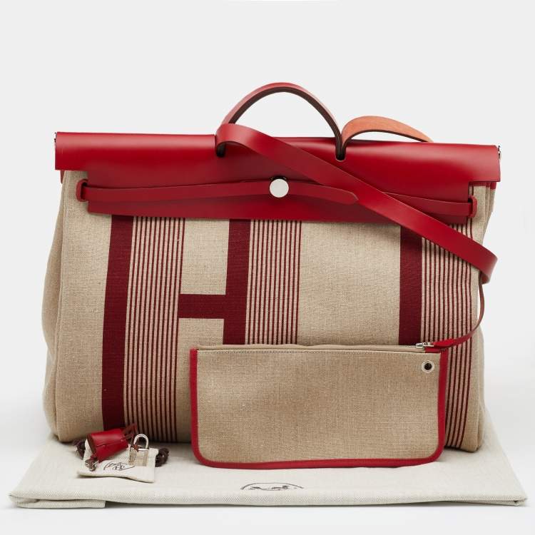 Pre Owned Hermes Beige/Red H Vibration Canvas and Leather Herbag Zip 50 Bag
