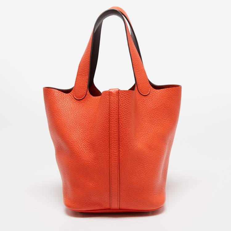 Pre Owned Hermes Orange Poppy/Rouge H Taurillon Clemence Leather Picotin Lock 22 Bag