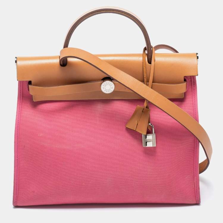 Pre Owned Hermes Rose Lipstick/Natural Canvas and Leather Herbag Zip 31 Bag