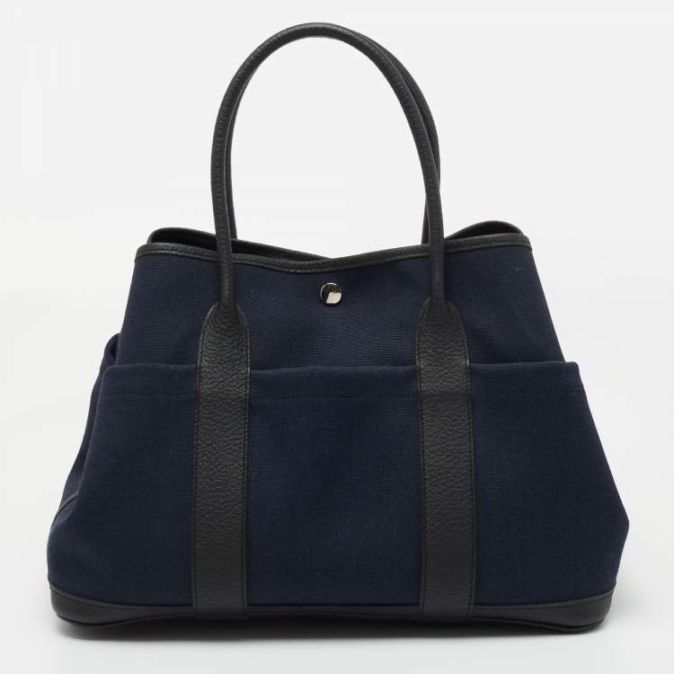 Pre Owned Hermes Noir/Bleu Marine Vache Country Leather and Military Toile Garden Party Pockets 36 Bag
