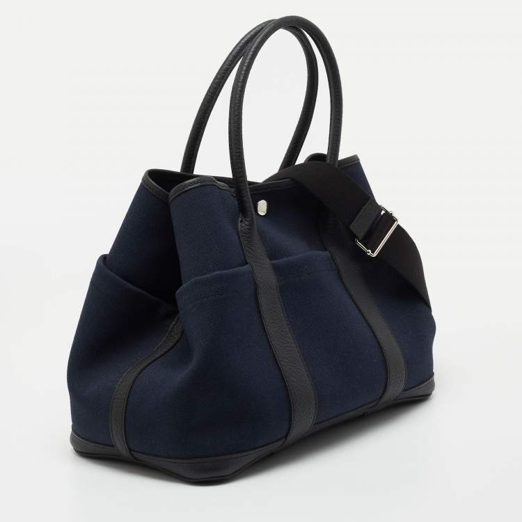Pre Owned Hermes Noir/Bleu Marine Vache Country Leather and Military Toile Garden Party Pockets 36 Bag