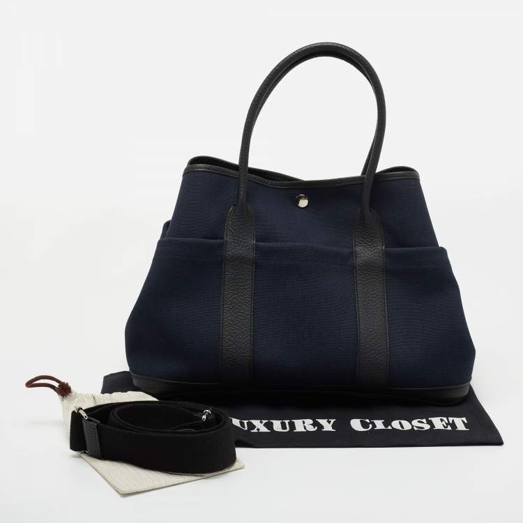 Pre Owned Hermes Noir/Bleu Marine Vache Country Leather and Military Toile Garden Party Pockets 36 Bag