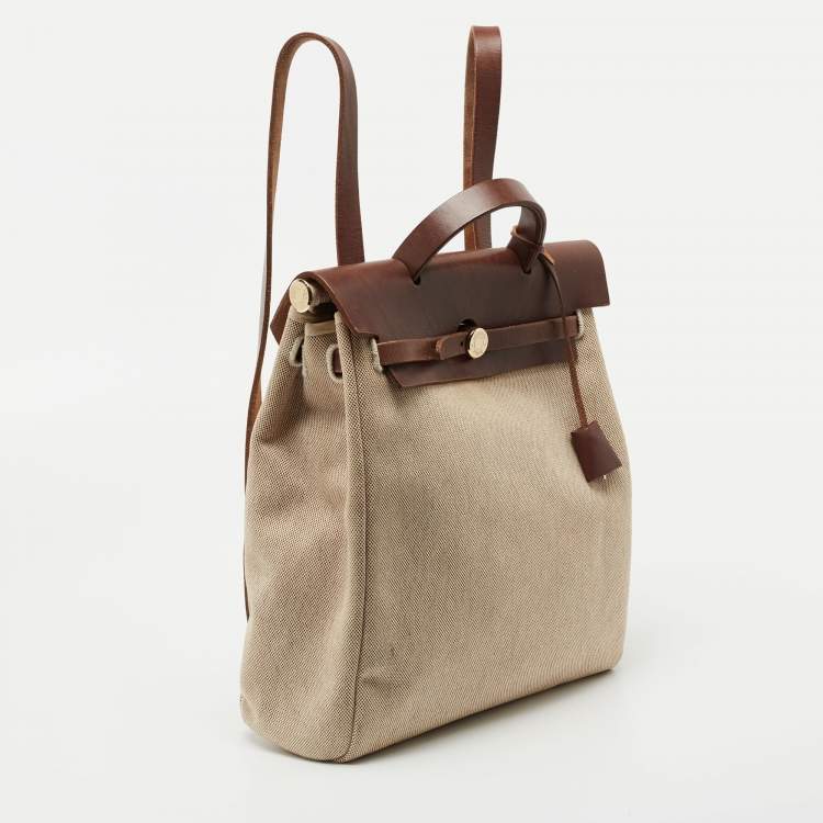 Pre Owned Hermes Natural/Havane Toile and Leather 2-in-1 Herbag Backpack