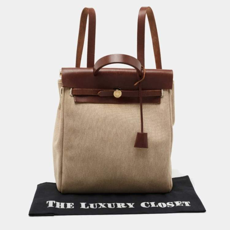 Pre Owned Hermes Natural/Havane Toile and Leather 2-in-1 Herbag Backpack