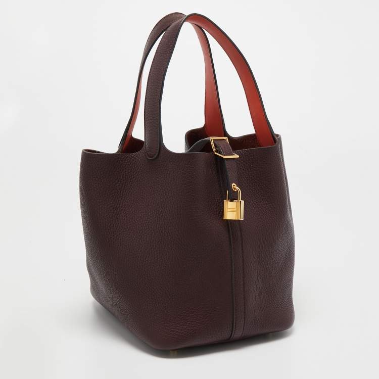 Pre Owned Hermes Prune/Orange Poppy Taurillon Clemence Leather Picotin Lock 22 Bag