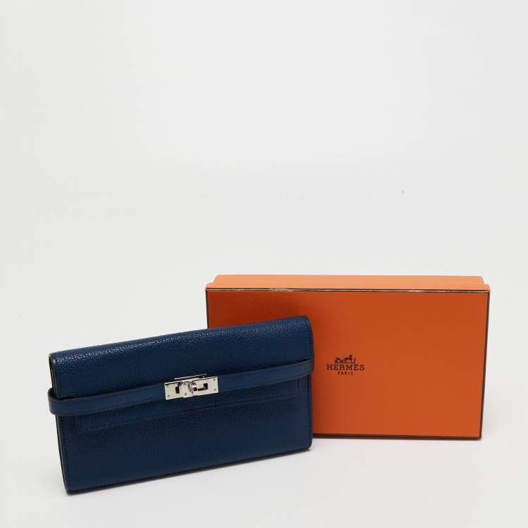 Pre Owned Hermes Bleu De Malte Chevre Mysore Leather Kelly Classic Wallet 