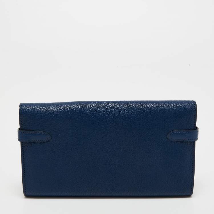 Pre Owned Hermes Bleu De Malte Chevre Mysore Leather Kelly Classic Wallet 