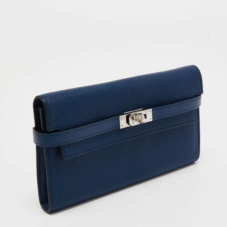 Pre Owned Hermes Bleu De Malte Chevre Mysore Leather Kelly Classic Wallet 