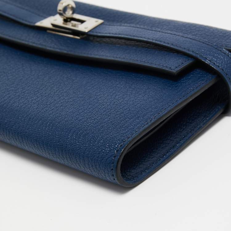 Pre Owned Hermes Bleu De Malte Chevre Mysore Leather Kelly Classic Wallet 