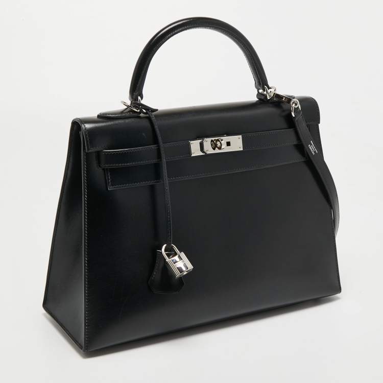 Pre Owned Hermes Black Box Leather Palladium Finish Kelly Sellier 32 Bag