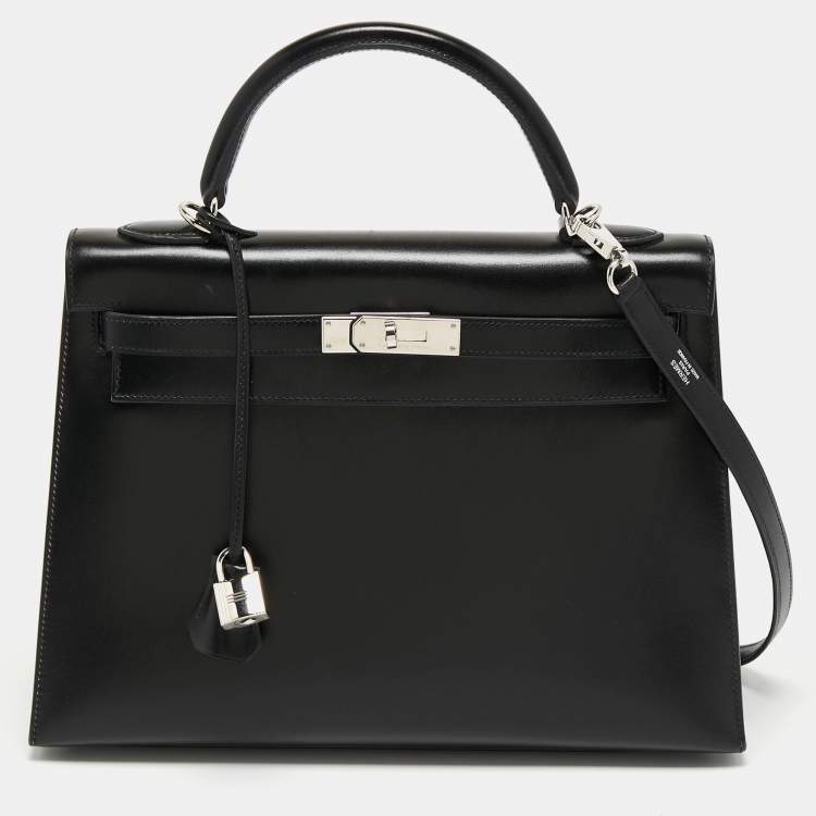 Pre Owned Hermes Black Box Leather Palladium Finish Kelly Sellier 32 Bag