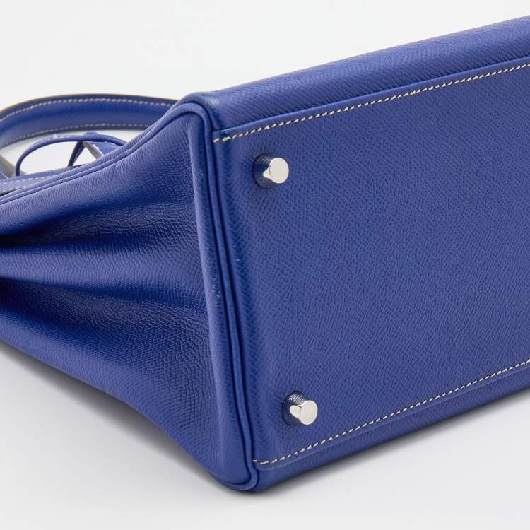 Pre Owned Hermes Bleu Electrique/Mykonos Epsom Leather Palladium Finish Kelly Retourne 35 Bag