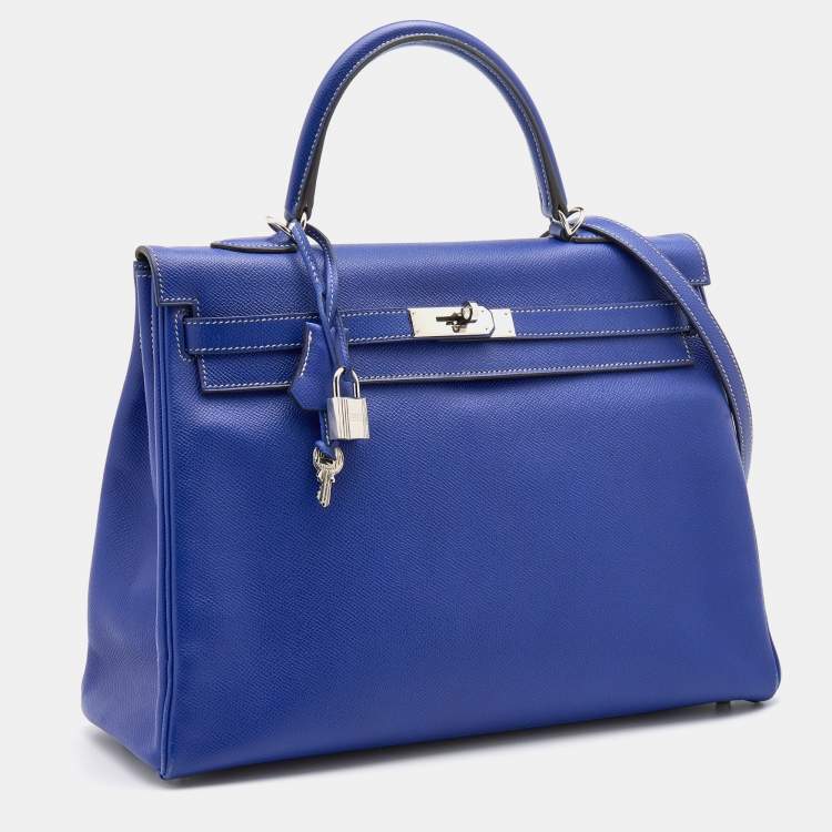 Pre Owned Hermes Bleu Electrique/Mykonos Epsom Leather Palladium Finish Kelly Retourne 35 Bag