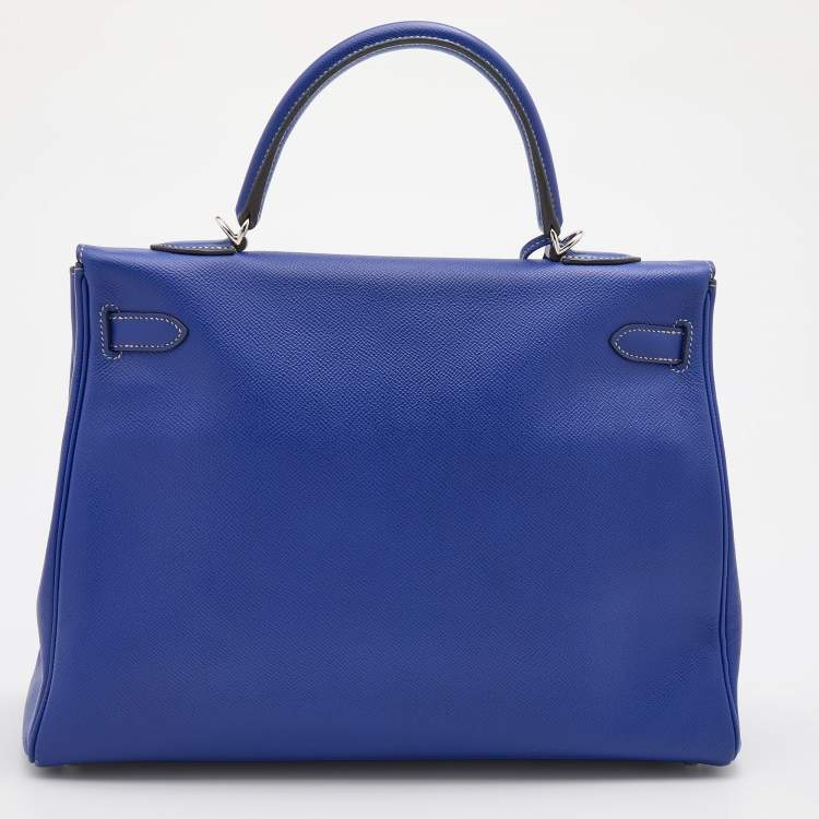 Pre Owned Hermes Bleu Electrique/Mykonos Epsom Leather Palladium Finish Kelly Retourne 35 Bag