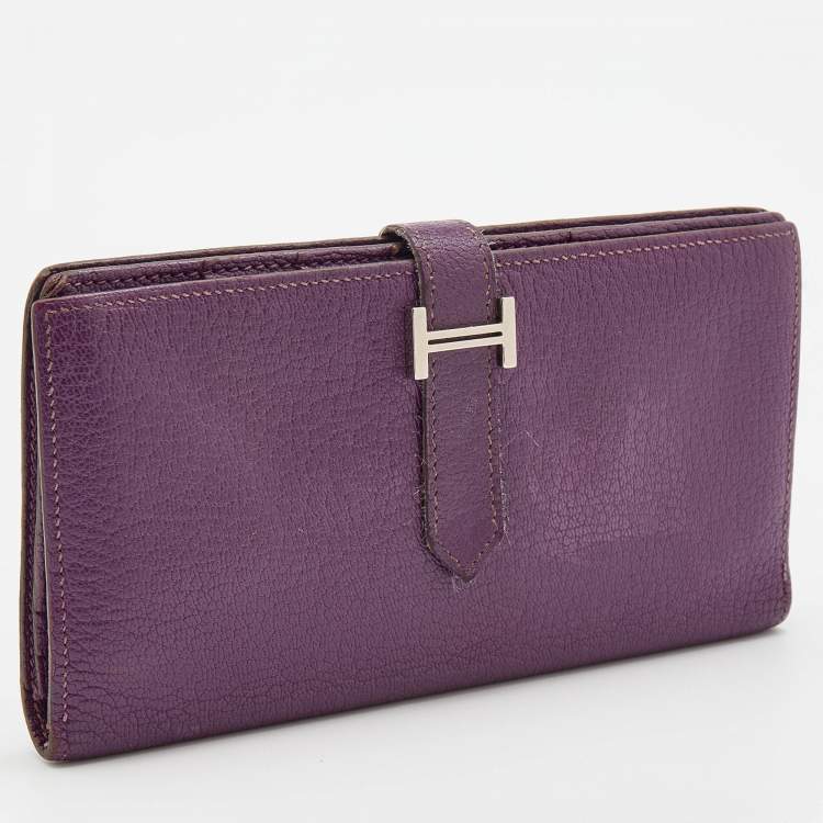 Pre Owned Hermès  Cyclamen Chevre Mysore Leather Palladium Finish Bearn Wallet