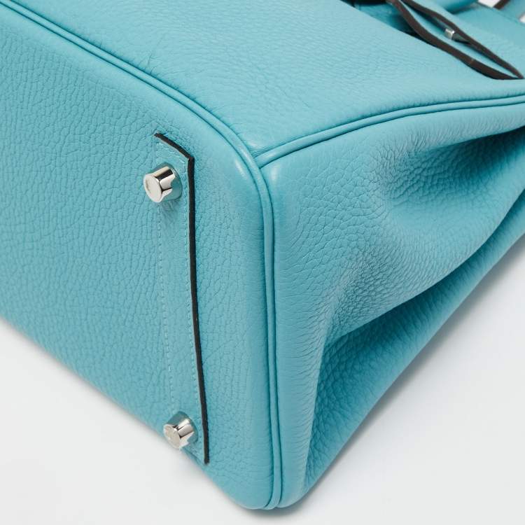 Pre Owned Hermes Blue Saint Cyr Taurillon Clemence Leather Palladium Finish Birkin 30 Bag