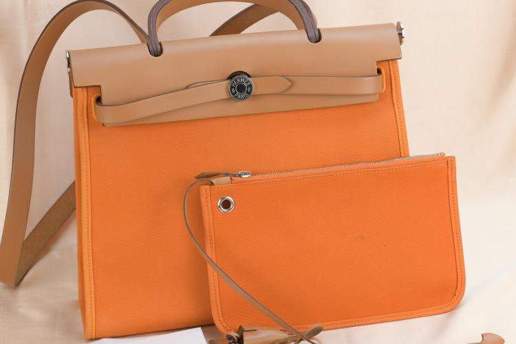 Pre Owned Hermes Orange  Leather Herbag 31 Shoulder Bag 