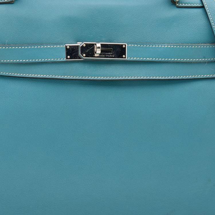 Pre Owned Hermes Bleu Jean Swift Leather Palladium Finish Kelly 35 Bag