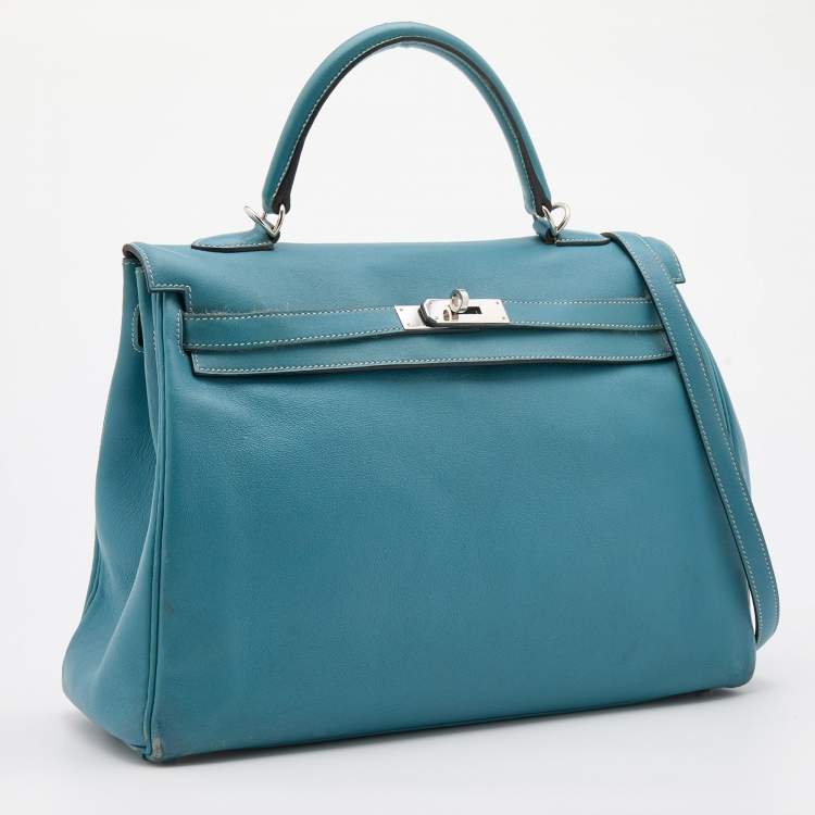 Pre Owned Hermes Bleu Jean Swift Leather Palladium Finish Kelly 35 Bag